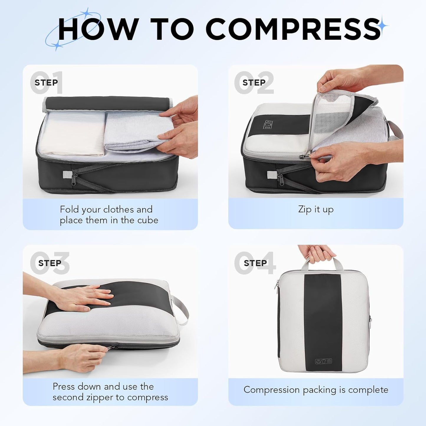 6 Set Compression Packing Cubes for Travel Essentials,Compressible Expandable Packing Cubes for Suitcase,OlarHike Luggage Organizer Bags for Travel,Handy Helper for Organizing Clothes(Black)