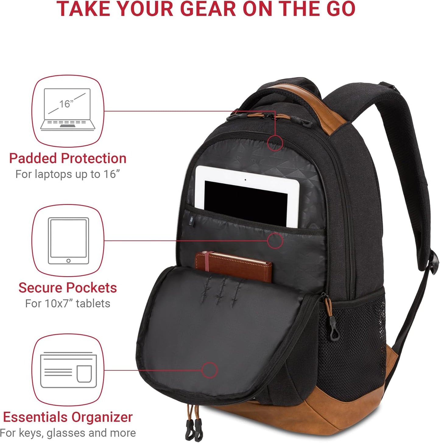 SwissGear 5505 Cecil 16” Laptop Backpack Black Canvas/Brown – Daily Laptop Bag with Gear Attachment Options – Multiple Organizer Pockets & Padded Shoulder Straps