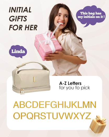 Personalized Gifts, Makeup Bags with Handle, Waterproof Double Layer Cosmetic Bag, Large Capacity PU Leather Makeup Bags Letter Travel Toiletry Bag, Birthday Gifts for Girls