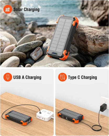 Solar Charger Power Bank, 42800mAh Wireless Portable Charger with USB-C in/Output, QC3.0 Fast Charging 15W 4 Ports Outdoor Battery Pack Built-in Dual Led Flashlights for iPhone Samsung etc