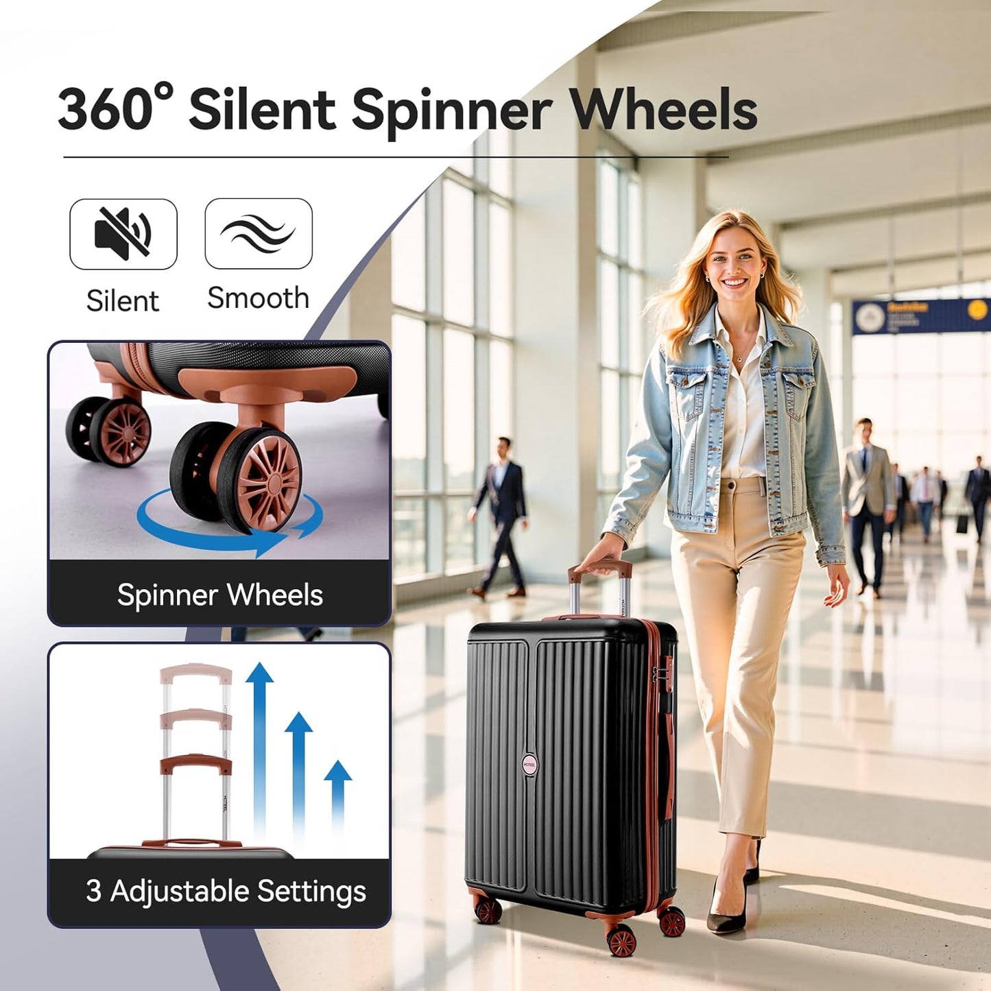 Hoteel 6 Piece Luggage Set with Spinner Wheels (4-YEAR WARRANTY), Carry on Luggage for Travel with TSA Lock, ABS+PC Hardshell Suitcase Set, 16"/20"/24"/28"+Duffel Bag+Cosmetic Bag(Black)