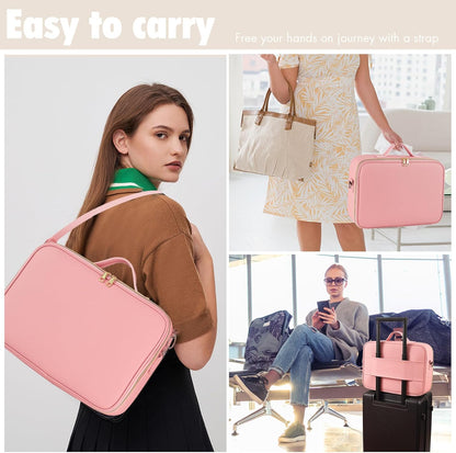 Large Travel Makeup Bag with LED Mirror, 3-Color Stepless Dimming Stand Mirror Detachable, with Adjustable Divider, Makeup Brush Holder Storage (Pink)