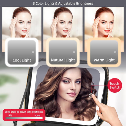 Lighted Travel Makeup Bag - 3 Colors, Mirror, 2-Layer Organizer with 10X Magnifying Mirror - Portable Cosmetic Case with Adjustable Dividers (Black)