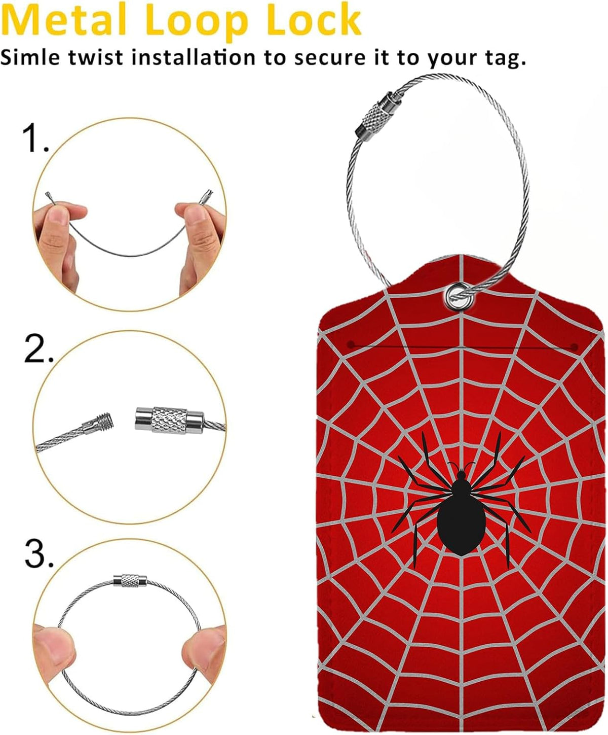 Spider Web 2-Pcs Premium Leather Tags with Privacy Covers,Luggage Tag Stainless Steel Loops Ideal for Suitcases, Travel Bags, Backpacks