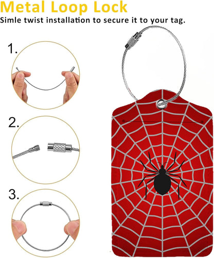 Spider Web 2-Pcs Premium Leather Tags with Privacy Covers,Luggage Tag Stainless Steel Loops Ideal for Suitcases, Travel Bags, Backpacks