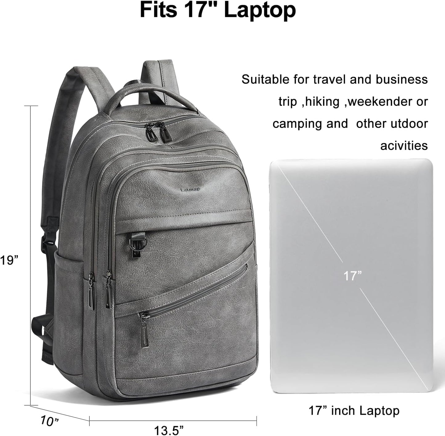 43L Backpack for Women Men - Vegan Leather Backpack Purse Travel Carry-on Bag College Bookbag Work fits 17" Laptop,DimGray