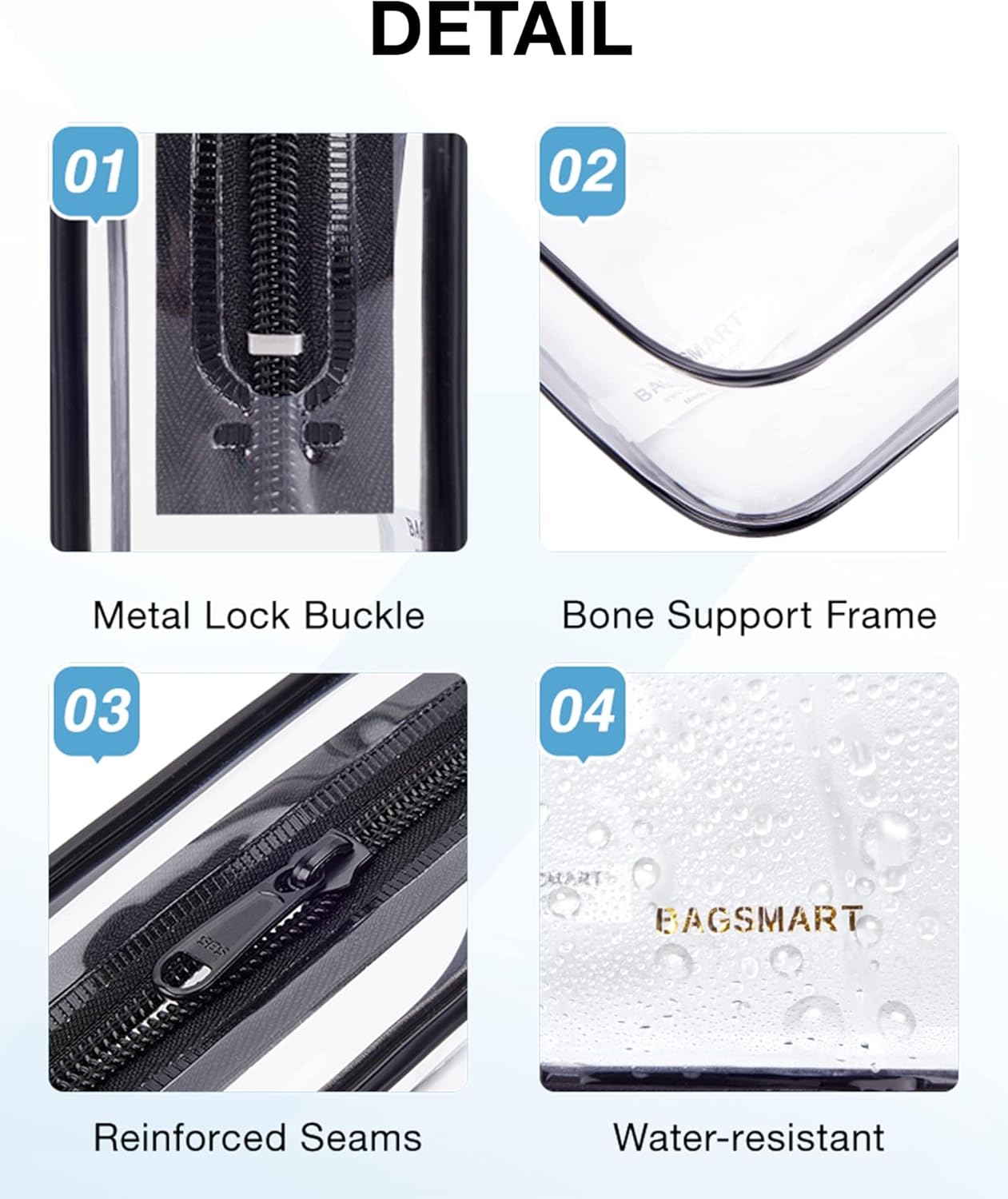 BAGSMART Clear Toiletry Bag, 3 Packs TSA Approved Water Resistant Quart Size Travel Organizer, Airport Airline Travel Essential Carry On Makeup Cosmetic Bags for Women, White