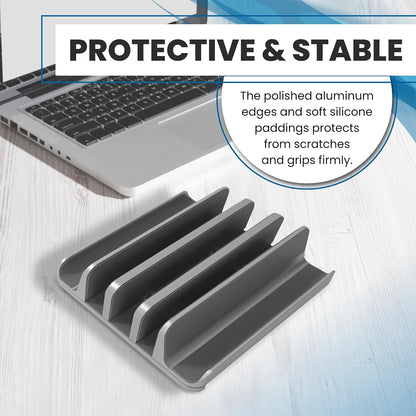 Multiple Laptop Holder Vertical – Adjustable Laptop Vertical Stand Holds 5 Devices, Fits All MacBooks Laptops Tablets and Mobiles (up to 17.3”). Closed Upright Vertical Laptop Stand for Desk
