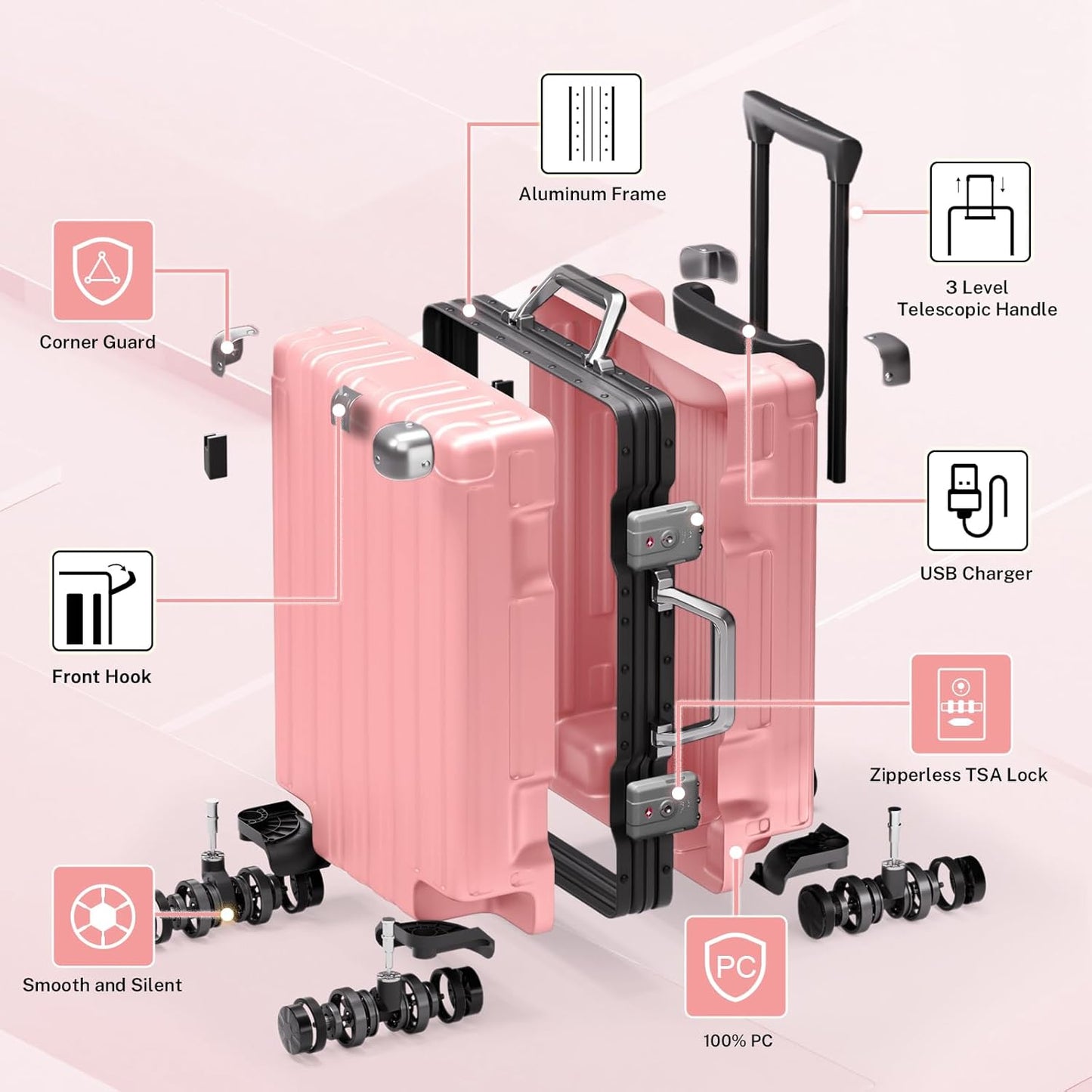 Krute Aluminum Frame Carry On Luggage 20 Inch Zipperless Luggages USB Charger Hardside PC Suitcase With Spinner Wheels Airline Approved Hard Shell Suitcases with TSA Lock (1 Piece)