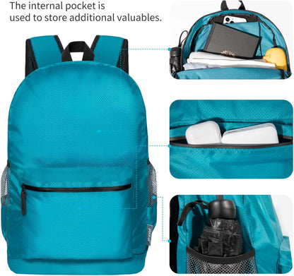 pack all 20L Lightweight Packable Backpack, Water Resistant Foldable Backpack, Travel Hiking Daypack with Waterproof Zippers (Blue)
