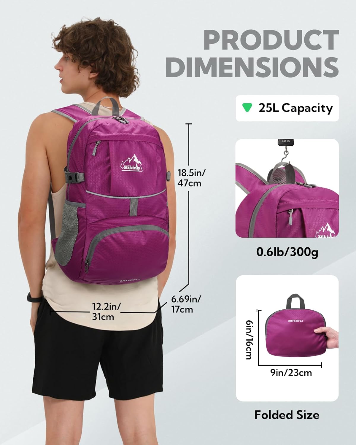 WATERFLY Hiking Foldable Daypack Backpack: 25L Ultra Lightweight Packable Waterproof Outdoor Travel Day Pack for Woman Man