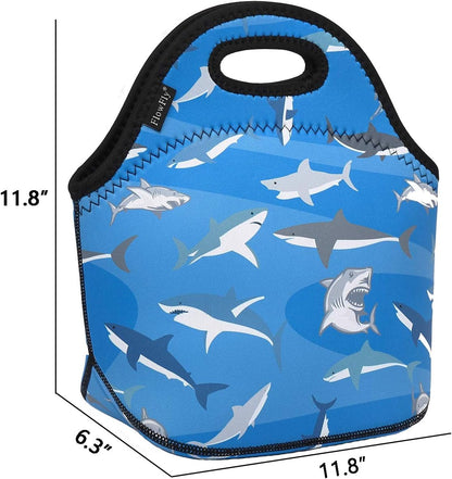 FlowFly Neoprene Kids Lunch box Insulated Soft Bag Mini Cooler Thermal Meal Tote Kit for Boys, Girls,Men,Women,School,Work, Office, Shark