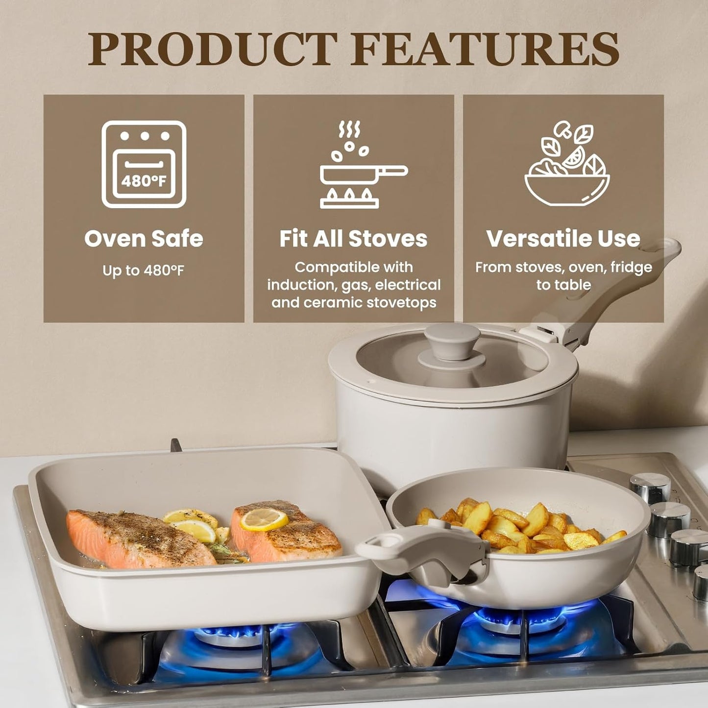 KIKCOIN Ceramic Cookware Set, 22 Pcs Nonstick Pots and Pans Set with Detachable Handles, Non Toxic Kitchen Cooking Set with Removable Handles, Induction/Dishwasher/Oven Safe, Ollas de Cocina