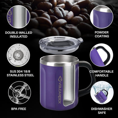 16oz Stainless Steel Togo Coffee Travel Mug, Spill Proof Tea Mug with Handle and Lid, Lightweight and Durable, Great for Office Home and Outdoor Use (Purple)
