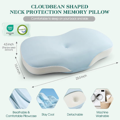 Cervical Pillow for Neck and Shoulder Support, Ergonomic Memory Foam Contour Pillows with Adjustable Dual Heights & Breathable Cover for Side Back Stomach Sleepers (Blue)