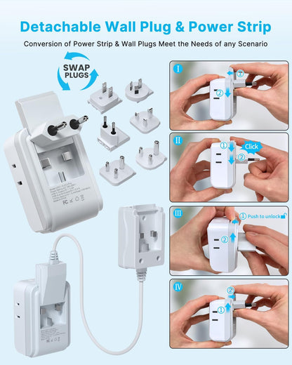 VINTAR Universal Travel Adapter Kit, 5ft Detachable Extension Cord with 4 AC Outlets & 3 USB(2 USB C), Type A/C/G/D/I/M International Power Adaptor for US to Europe UK India South Africa Japan