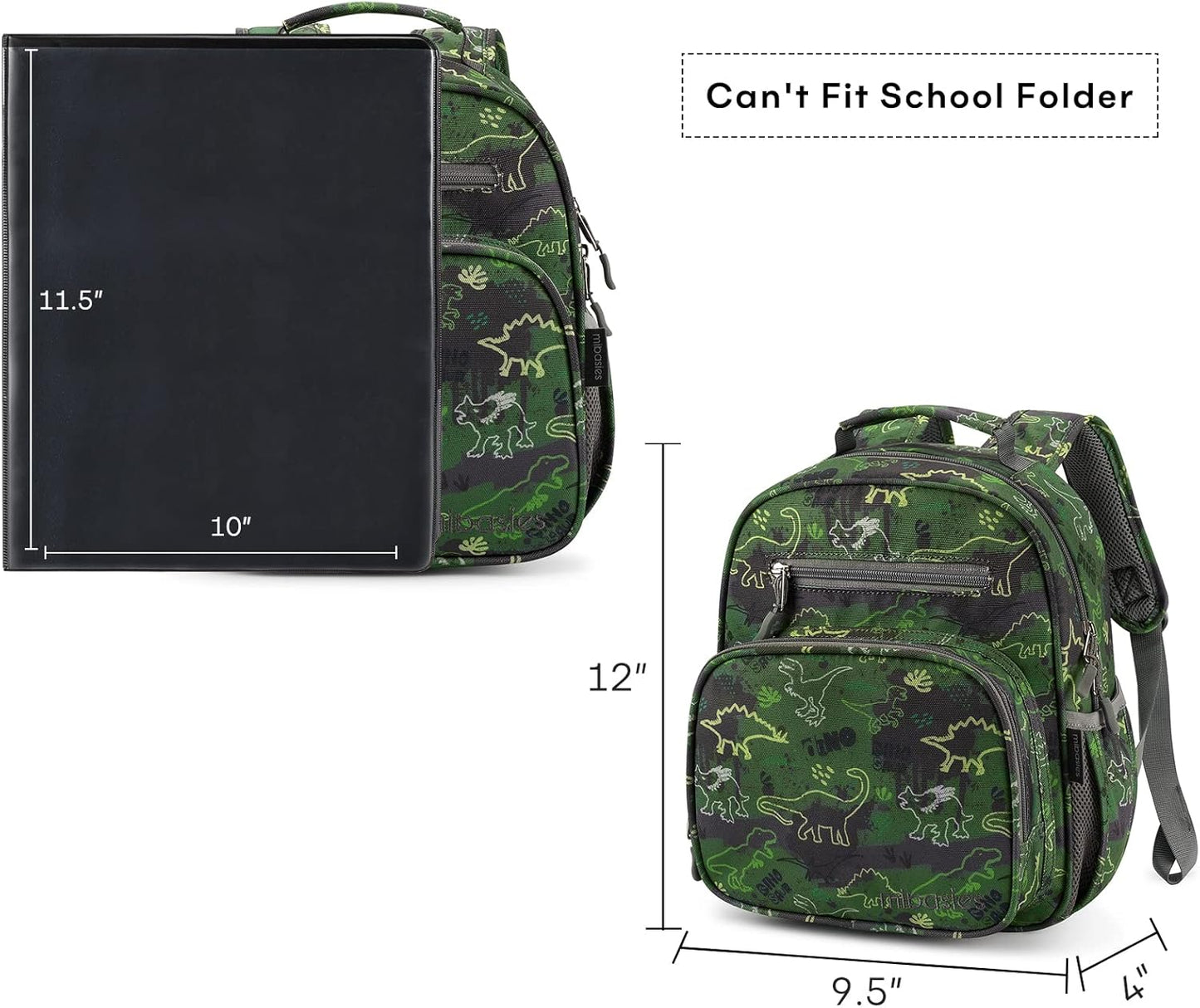 mibasies Toddler Backpack for Boys 2-4: Cute Kids Backpacks Boys - Preschool Kindergarten Backpack - Green Dinosaur