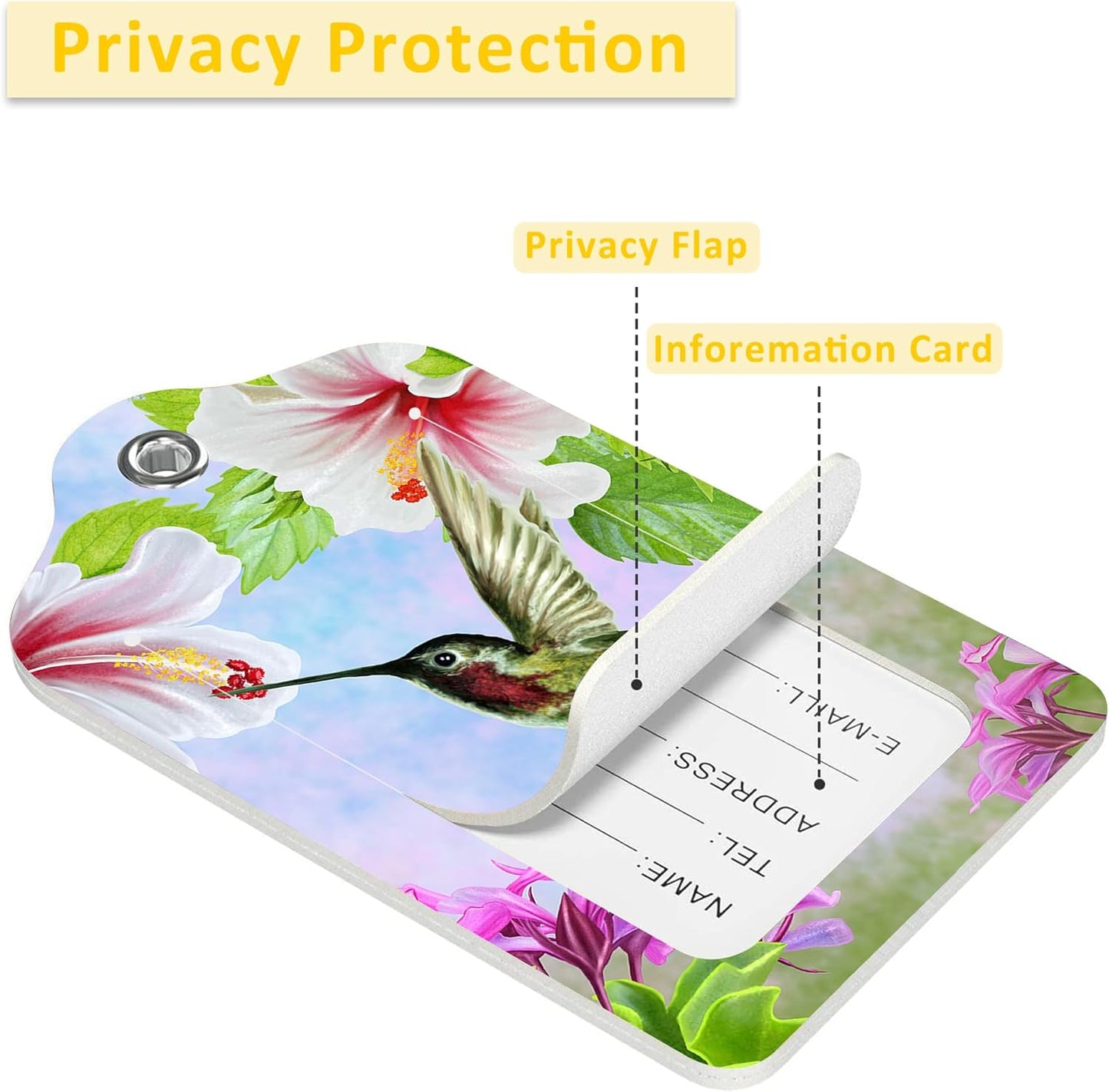 2 Pack Hummingbird with Hibiscus Luggage Tags for Suitcases,Hummingbird with Flower Leather Baggage Suitcases Tag Name ID Label Privacy Cover Travel Bag Tags for Women Men Boys Girls