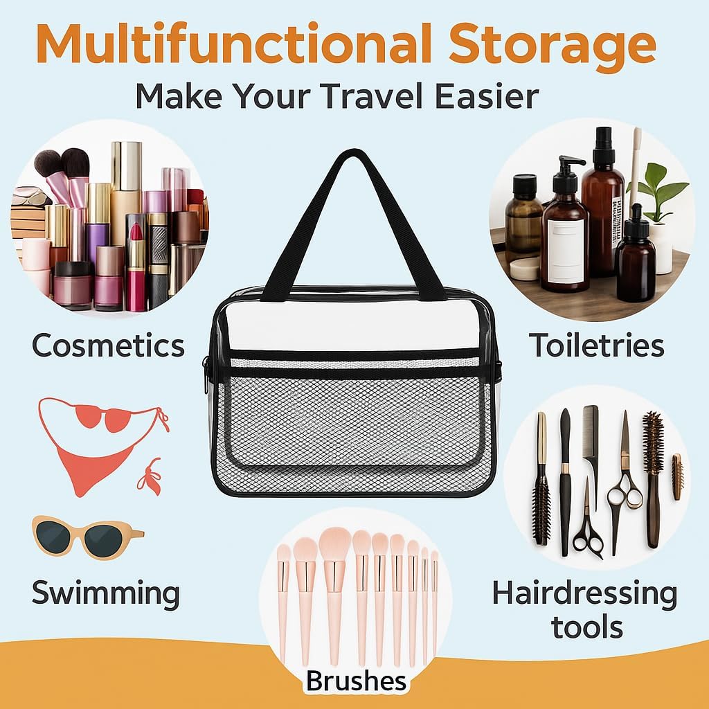 XEWEA 2PCS Middle TSA Approved Clear Travel Toiletry Bags for Men Women, Transparent Makeup Cosmetic Bag with Handle Zipper, Waterproof PVC Quart Organizer Pouch for Airport Airline Essential, Balck