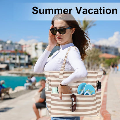 LEDAOU Large Beach Tote Bag Women Waterproof Sandproof Zipper Beach Tote Bag for Pool Gym Grocery Travel with Wet Pocket