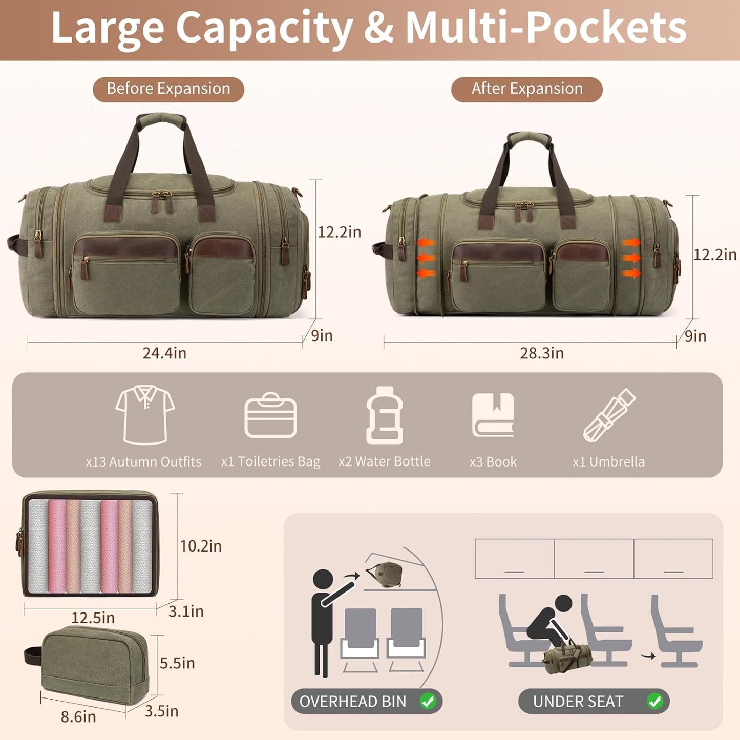 Mens Duffle Bag for Travel 60L Expandable Canvas Weekender Overnight Travel Duffel Bag with Shoe Compartment Carry-On for Airplanes Army Green