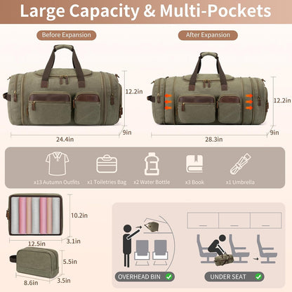 Mens Duffle Bag for Travel 60L Expandable Canvas Weekender Overnight Travel Duffel Bag with Shoe Compartment Carry-On for Airplanes Army Green