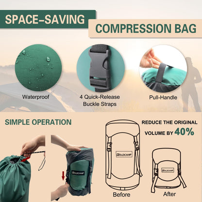 GoldCamp compression stuff sack for Ultralight sleeping bag, space saving gear with dust flap,18L/30L/43L/49L/65L Compression Stuff Sack, Waterproof, Camping, Travel, Outdoor, Backpacking(Green, M)