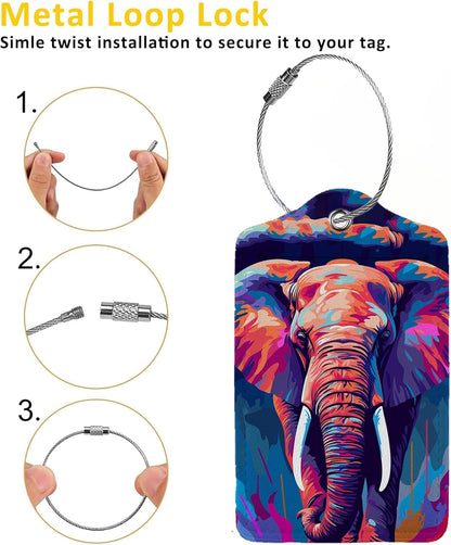Colorful Elephant 2 Pcs Luggage Tags,Privacy Cover ID Label with Stainless Steel Loop and Address Card for Travel Bag Suitcase