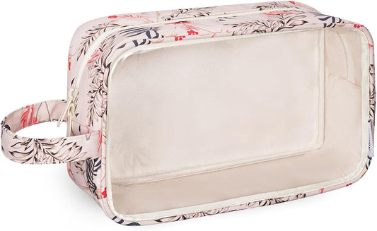 Narwey Clear Toiletry Bags for Traveling Women Men, Clear Travel Bags for Toiletries Makeup Bag Cosmetic Bag with Zipper, Make Up Organizer, Skincare Bag (Beige Flamingo)