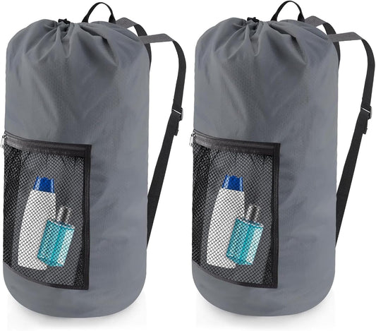 Laundry Bag Backpack, 2PCS Extra Large Travel Laundry Bag with Mesh Pocket & Adjustable Shoulder Straps,Dirty Clothes Travel Bag for College Students Dorm,Apartment(Grey)