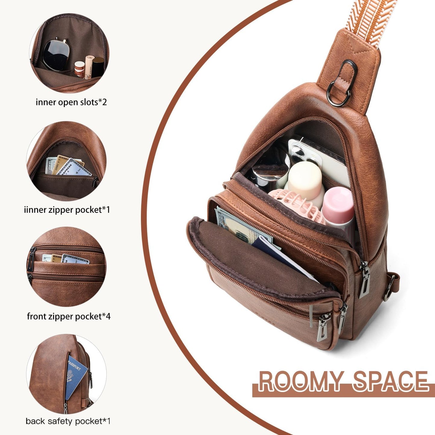 Sling Bag for Women Crossbody Bags Fanny Packs Over Shoulder Bag Sling Purse Backpack Vegan Leather Travel Brown
