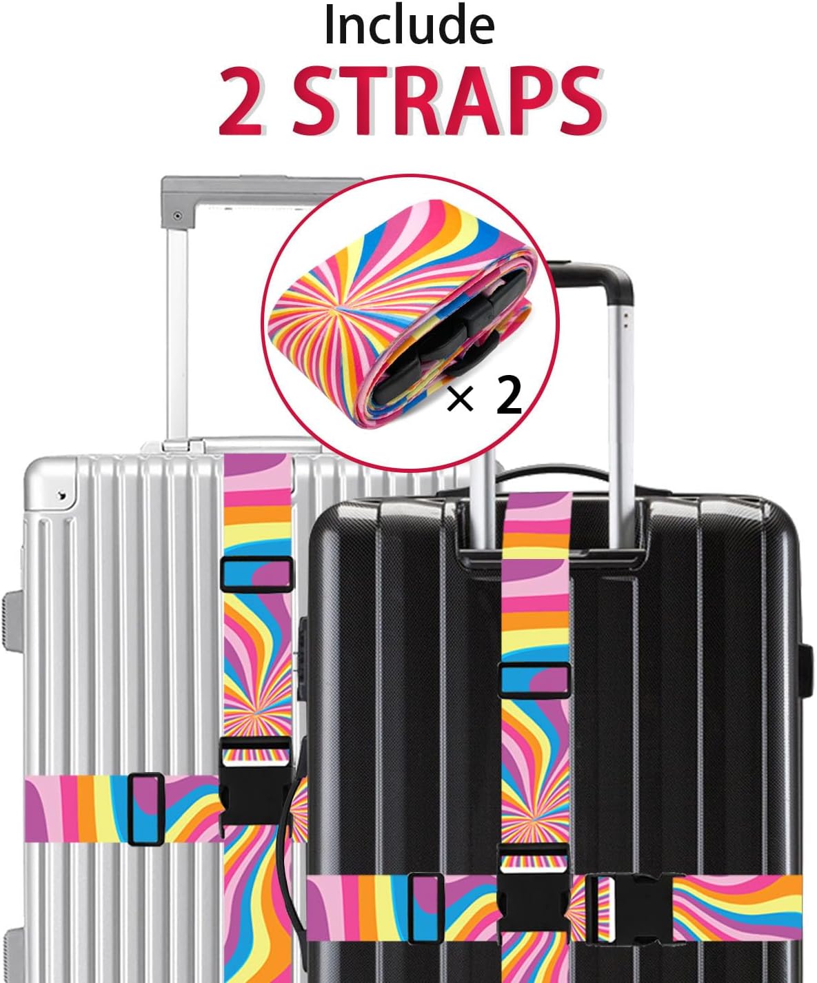 Luggage Straps for Suitcases TSA Approved, Luggage Identifiers for Suitcase, Adjustable Suitcase Strap for Baggage Security with Cute Patten, Travel Necessary Accessories 2Pack (Rendering)