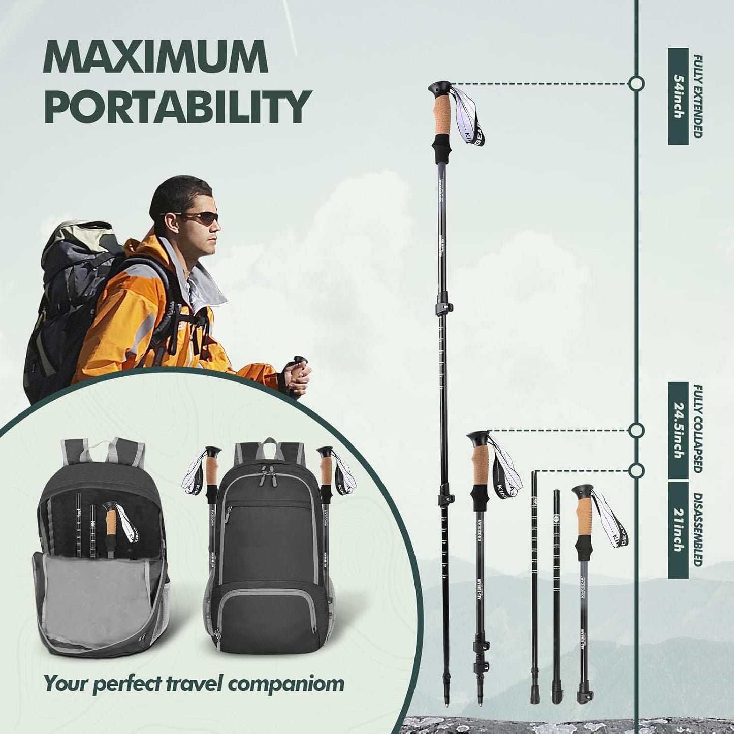 KINGGEAR Nordic Walking Stick, TP1 Hiking Poles Retractable Lightweight 7075 Aluminum, Trekking Poles with Flip Lock, Natural Cork and EVA Grip, 2pc Hiking Gear