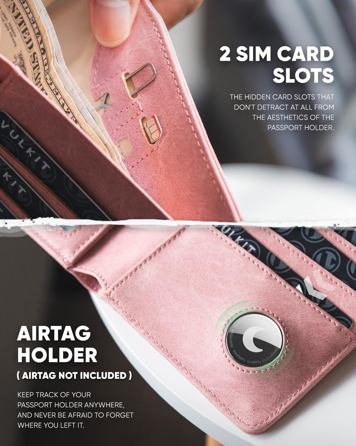 VULKIT Passport Holder with Airtag Holder RFID Blocking Passport Wallet Travel Leather Passport for Women(Pink)