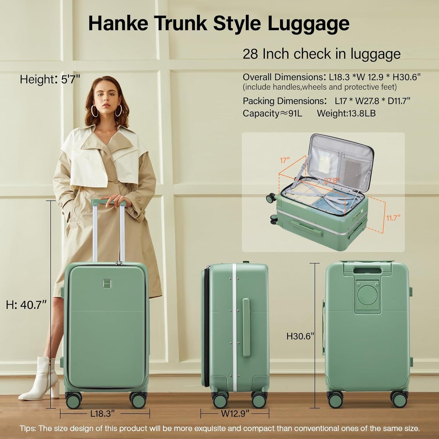Hanke 28 Inch Luggage with Cup Holder and Charge,Top Opening Hard Shell Suitcases with Wheels and Dividers,Aluminum Frame Trunk Luggage Extra Large Suitcase with Lock for Travel,Forest Green
