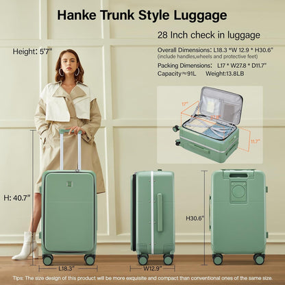 Hanke 28 Inch Luggage with Cup Holder and Charge,Top Opening Hard Shell Suitcases with Wheels and Dividers,Aluminum Frame Trunk Luggage Extra Large Suitcase with Lock for Travel,Forest Green