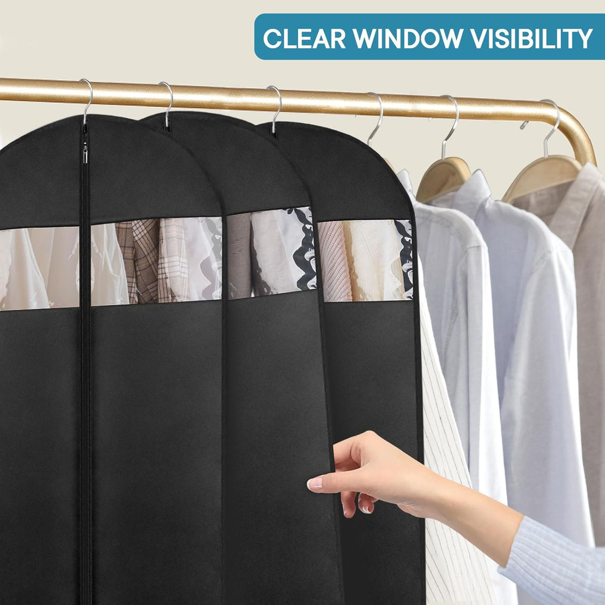 Dress Bags for Gowns, 65" Long Garment Bags for Hanging Clothes, 3-Pack Foldable Dress Cover with Clear Window for Women's Coats, Formal Gowns, and Evening Dresses