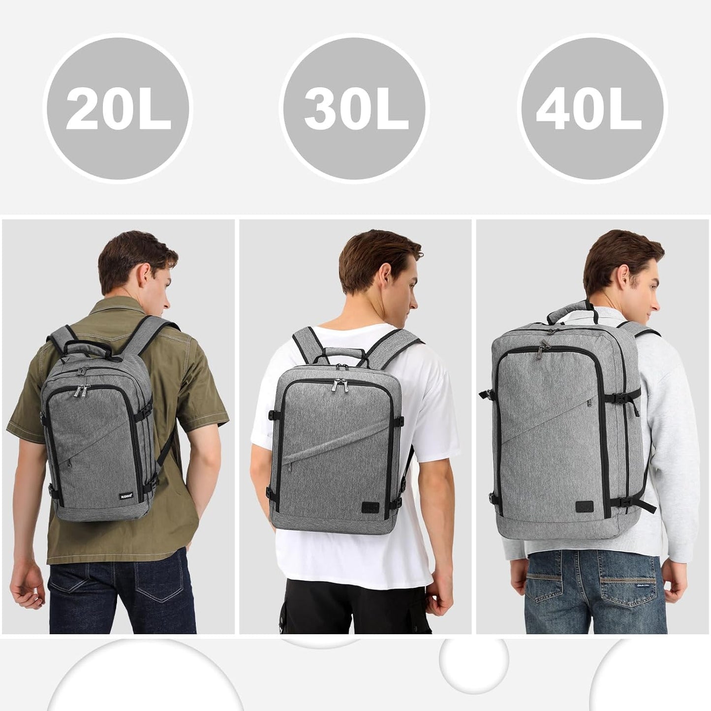 Kono Carry on Backpack, 18" Airplane Approved Under Seat Travel Backpack for Men and Women, Waterproof Lightweight Daypack for Flight 30L (Grey, Medium)
