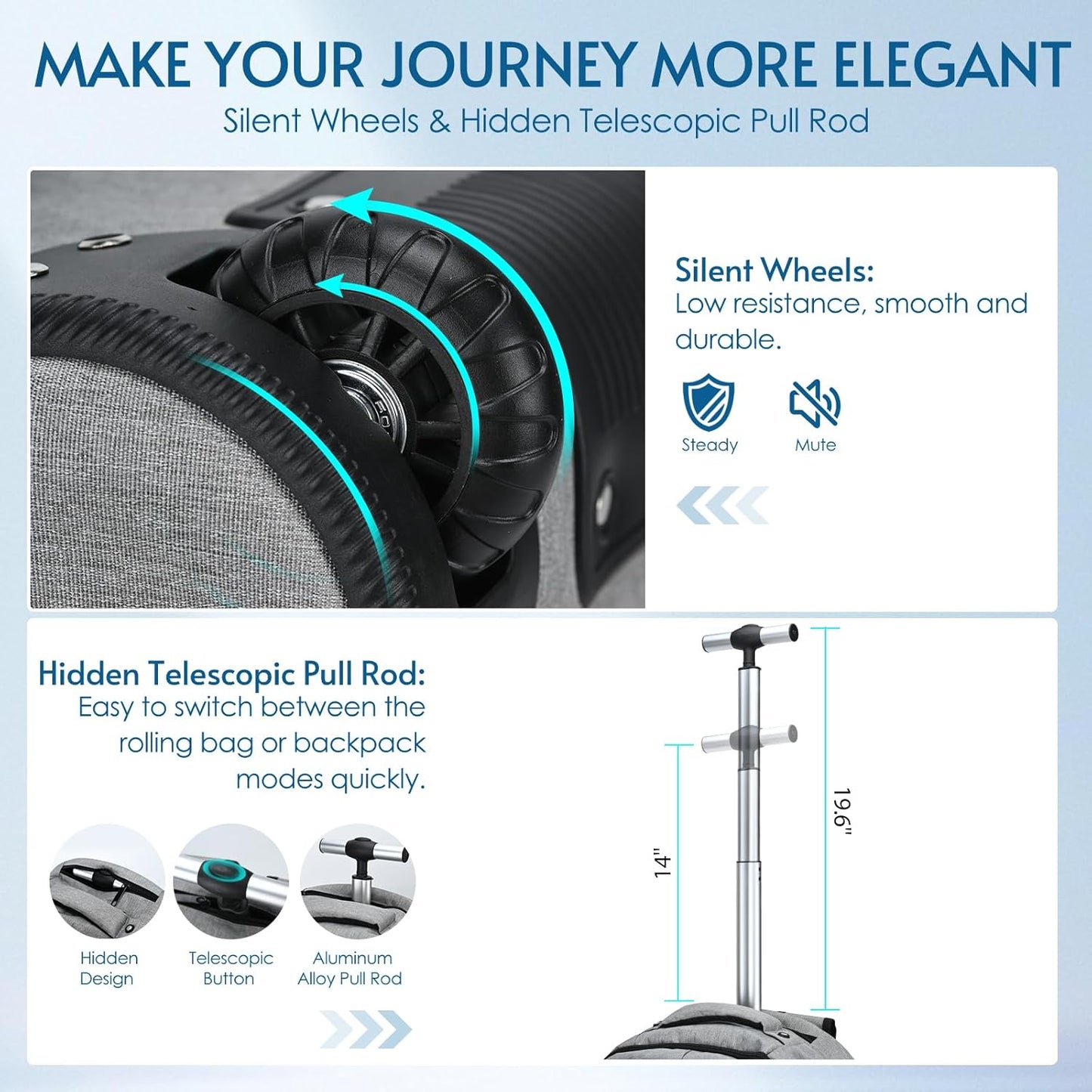 lychee Concealable Rolling Backpack-Adult Business Laptop Backpack with Wheels-20 inch Invisible Shoulder Strap Waterproof Backpack with Roller-Suitcase Travel Bag,Grey