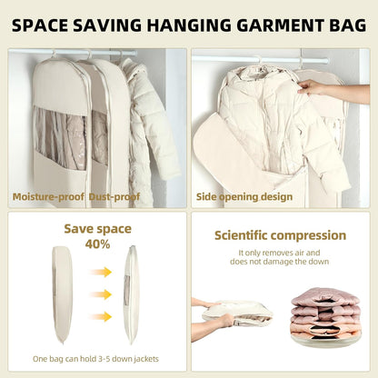 3 Packs Space Saving Garment Bag with Self Compression Zipper, Travel Suit Bags for Closet Storage, Hanging Garment Bag for Coats, Down Jackets (M+L+XL,Beige)