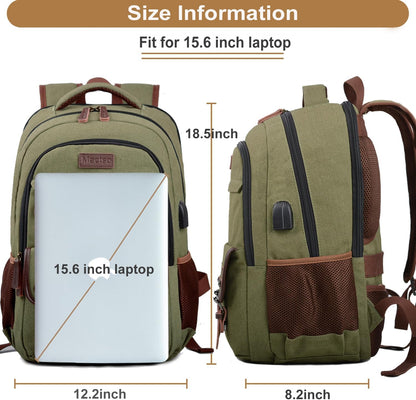 Mactso Canvas Travel Laptop Backpack for Men Women, Business Work Rucksack College School Computer Bag Fits 15.6 Inch Notebook,Bookbag with USB Charging Port (Green, 15.6 Inch)