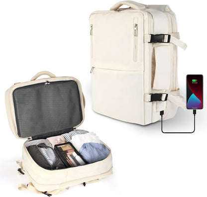 Travel Laptop Backpack with USB Charging Port Business Anti Theft Water Resistant Flight Approved Expandable Backpack (white)