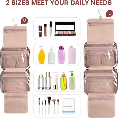 Hanging Toiletry Bag for Women Travel, 2 Sizes Large & Small Waterproof Cosmetic Organizer with 4 Compartments, Rotating Hook, Foldable Pink Travel Bag for Toiletries & Makeup Red Sandalwood