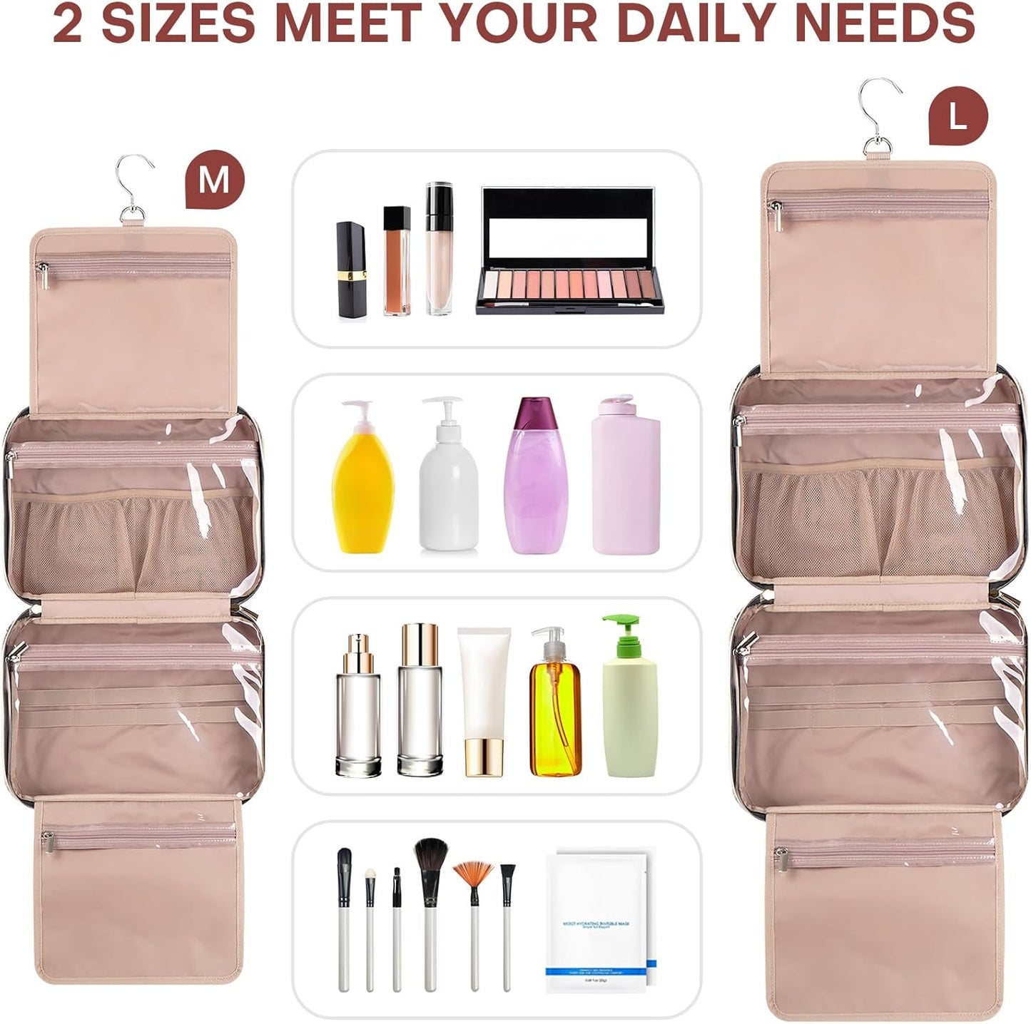 Hanging Toiletry Bag for Women Travel, 2 Sizes Large & Small Waterproof Cosmetic Organizer with 4 Compartments, Rotating Hook, Foldable Pink Travel Bag for Toiletries & Makeup Red Sandalwood