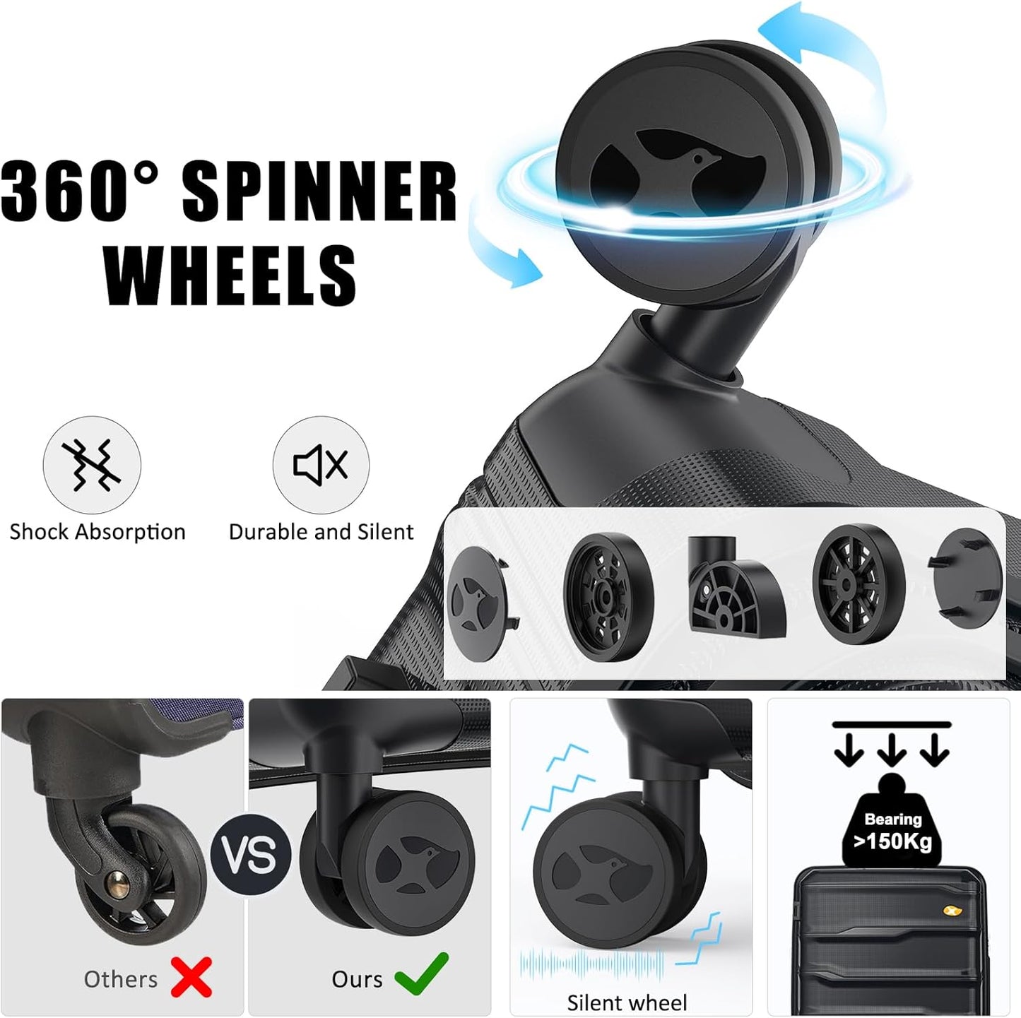 24 Inch Luggage with Spinner Wheels, Hard Shell Suitcase, Lightweight PP Luggages with TSA Lock, Checked-Medium Suitcases 24-Inch, Black