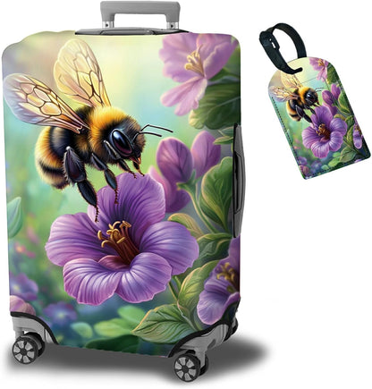 Luggage Cover + Tag, Bee Purple Flowers Travel Suitcase Cover for 29-30 inch Luggage (XL) with Concealed Zipper, Washable Elastic Cloth, Dustproof, Anti-Scratch