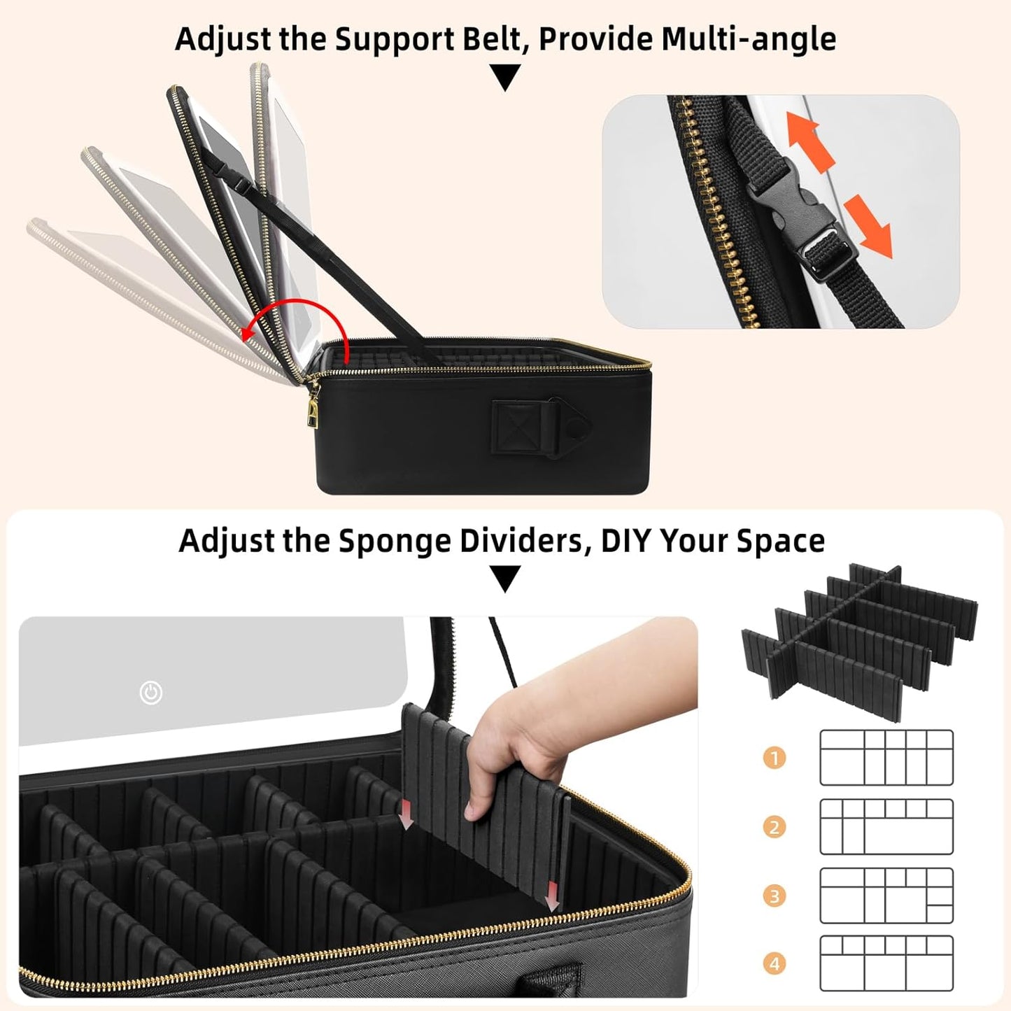 15“×11“Professional Makeup Train Case,Large Waterproof Travel Makeup bag with Mirror and Light, Leather Black Make up Bag with Mirror and Light,Led Makeup Case with Adjustable Dividers