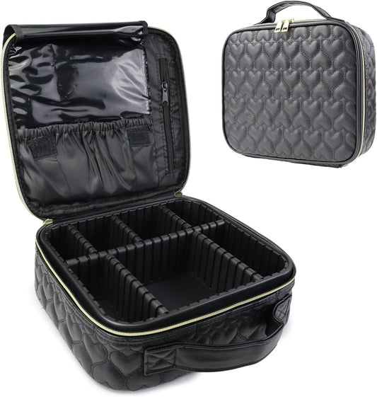 Travel Makeup Bag Makeup Cosmetic Train Case Organizer Portable Storage Bag with Adjustable Dividers for Cosmetics Makeup Brushes Toiletry Jewelry Heart Pattern