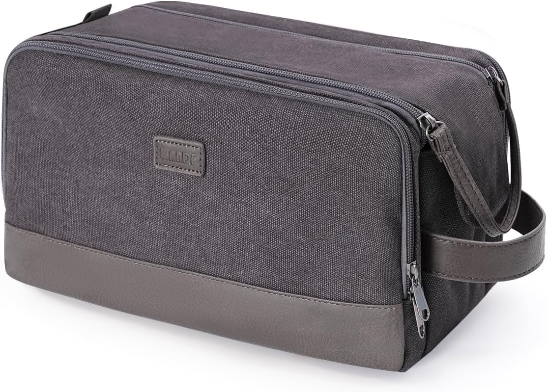 WANDF Toiletry Bag for Men Travel Toiletry Organizer Canvas and Leather Dopp Kit Water-Resistant Shaving Bag for Travel Accessories (Grey, Large)