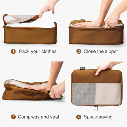6 Set Compression Packing Cubes for Travel Essentials, Luggage Organizers for Suitcases (Dark Brown)